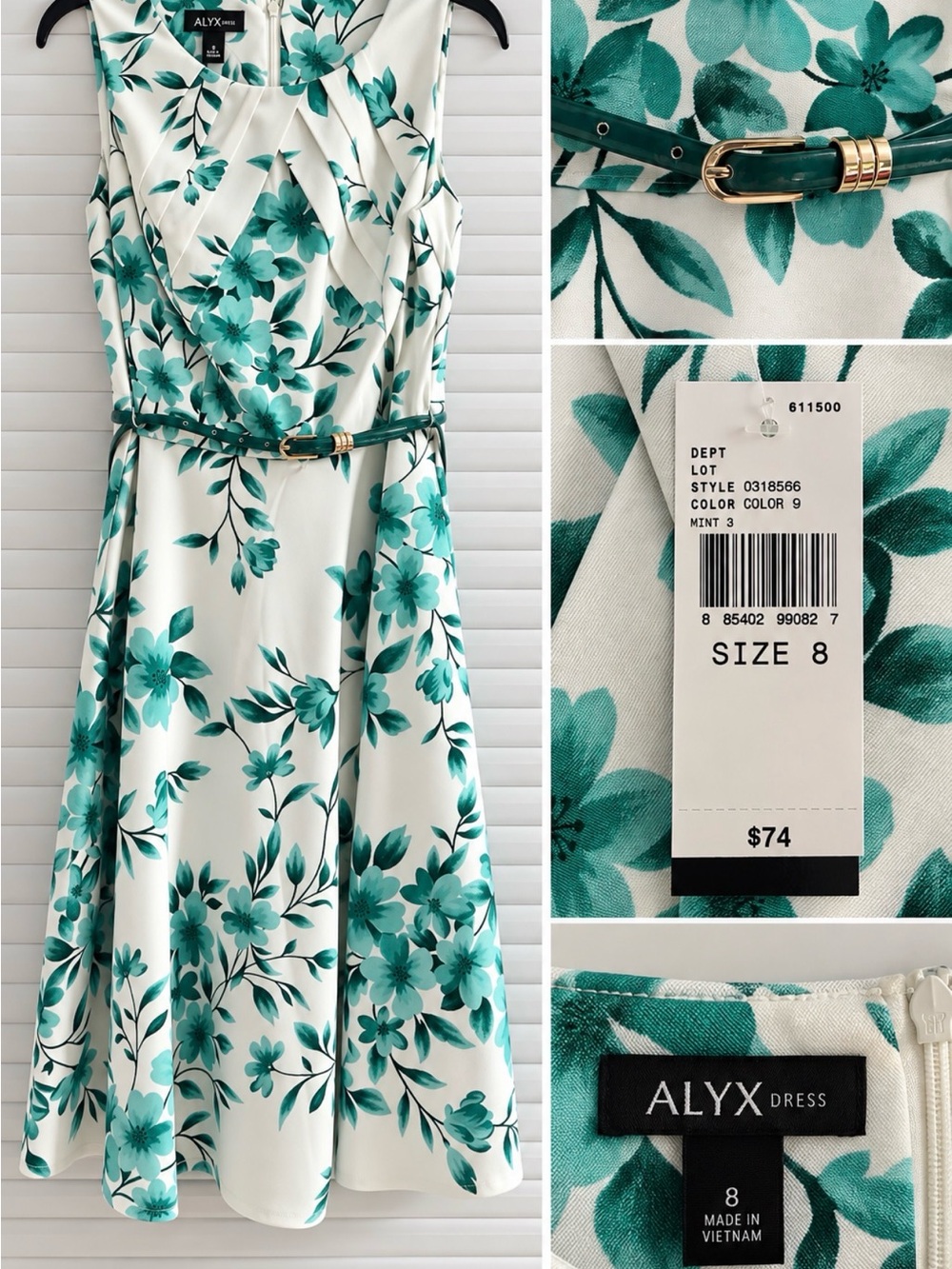 ALYX Cream and Mint Floral Midi Dress with Slim Belt